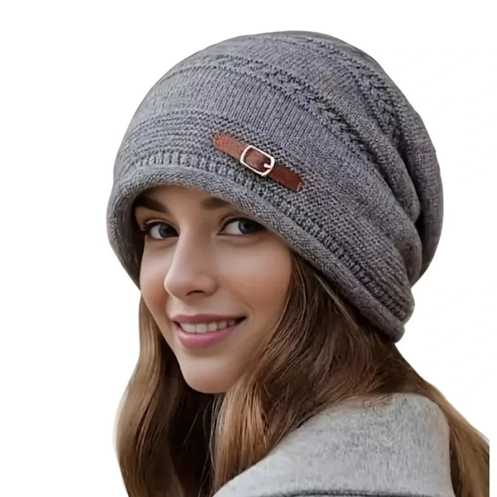 Slouchy Stretchy Winter Cozy Cream‎ Buckle Beanie Knit Hat OS Thick Soft Lined